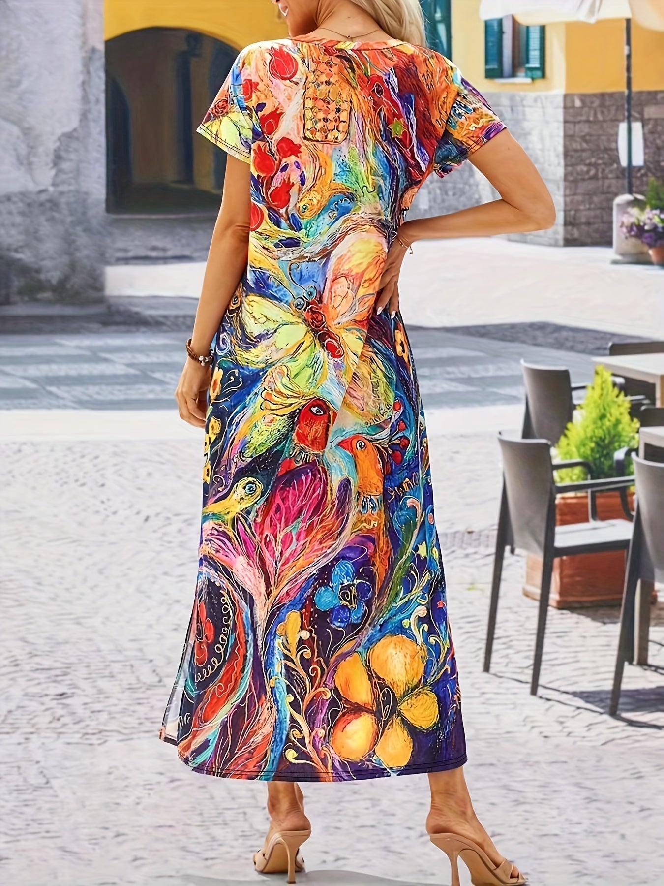 Peacock Print Split Dress Boho V Neck Maxi Dress Women's Clothing