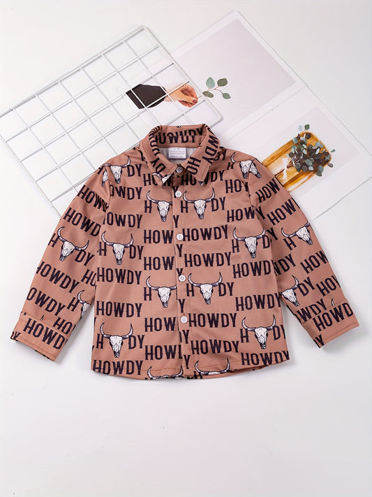 Boys Western Cowboy Print Shirts Long Sleeve Button Down Tops