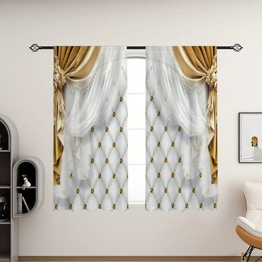2 Panels Golden Curtain Digital Printed Thickened Curtain