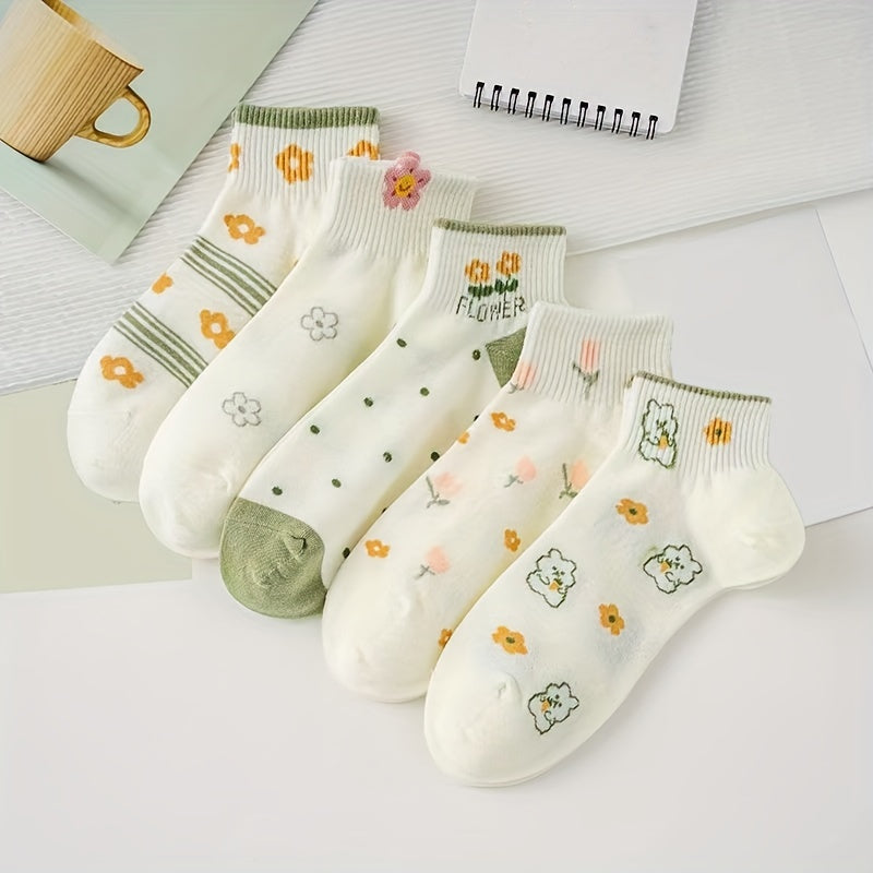 5 Pairs Floral & Bunny Print Socks Women's Stockings & Hosiery