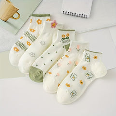 5 Pairs Floral & Bunny Print Socks Women's Stockings & Hosiery