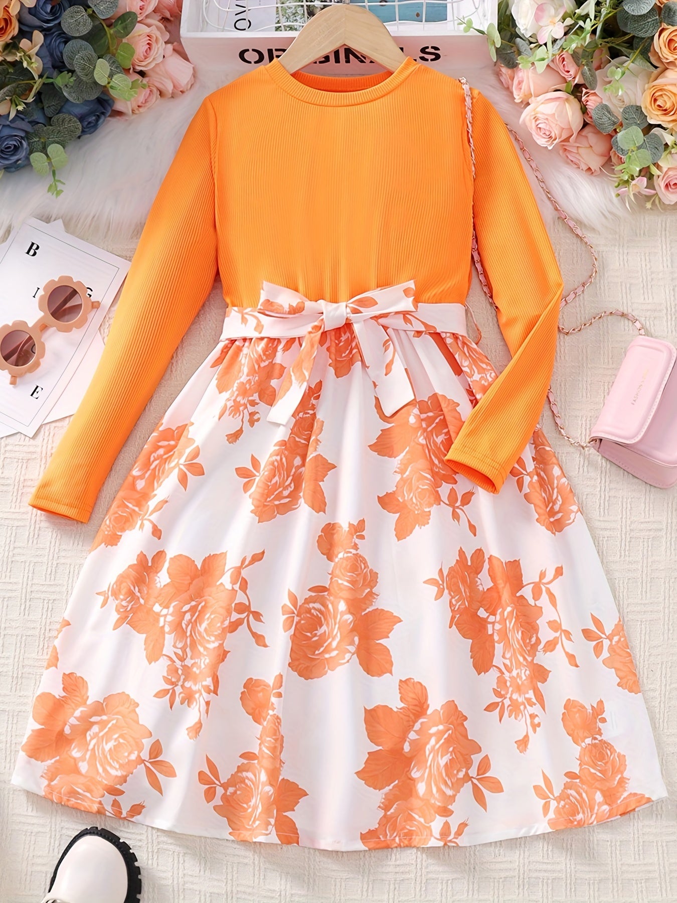 Girls Long Sleeves Flowers Splicing Belted Dress For Party Kids Spring Clothes