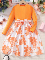 Girls Long Sleeves Flowers Splicing Belted Dress For Party Kids Spring Clothes