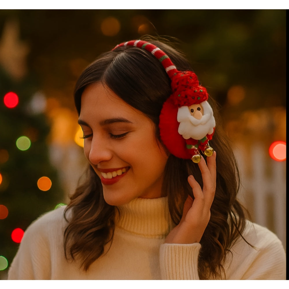 3pcs Christmas Earmuffs Santa Hat Decorations Reindeer Snowman Red Green