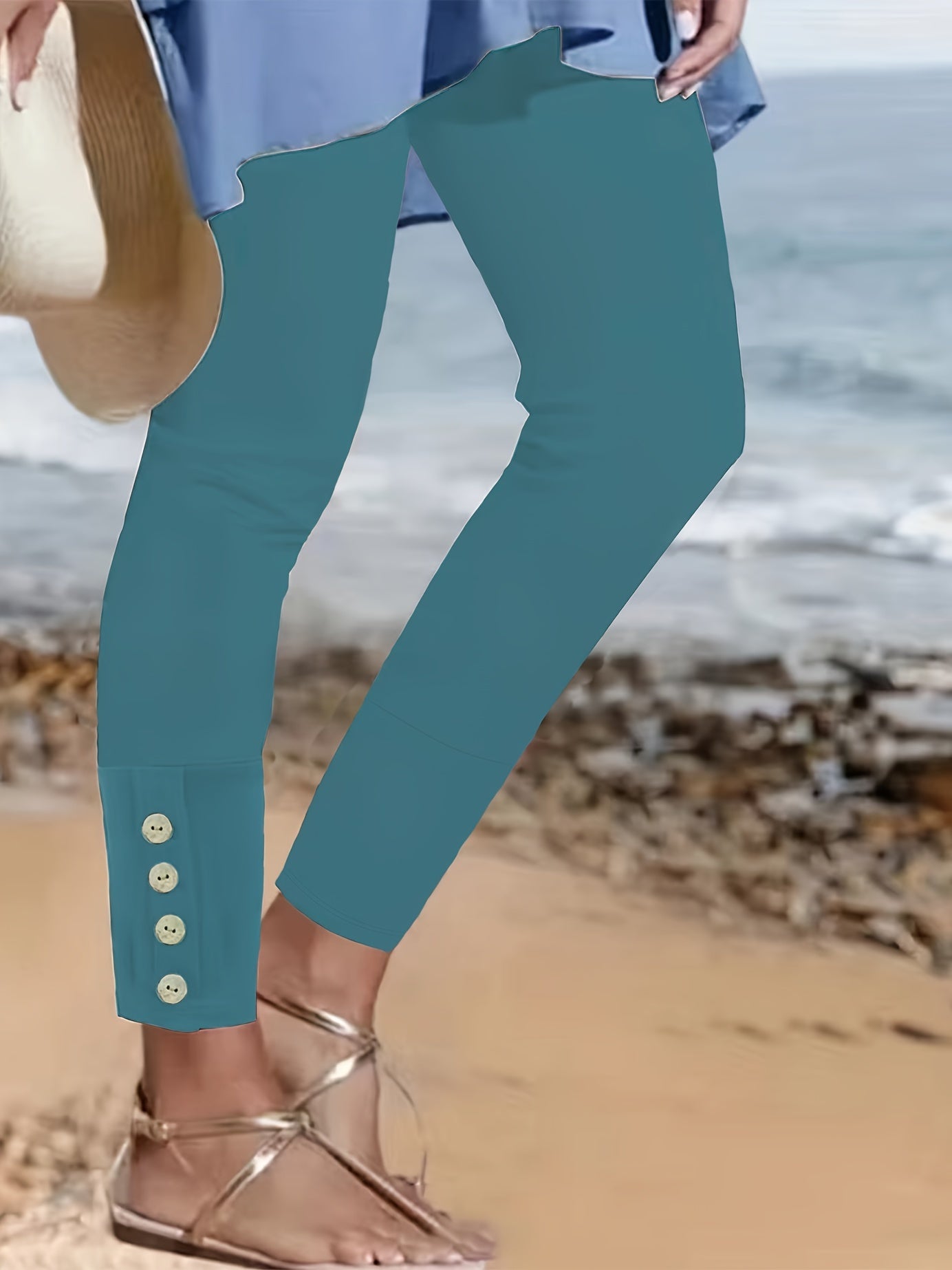  Button Decor High Rise Skinny Trousers