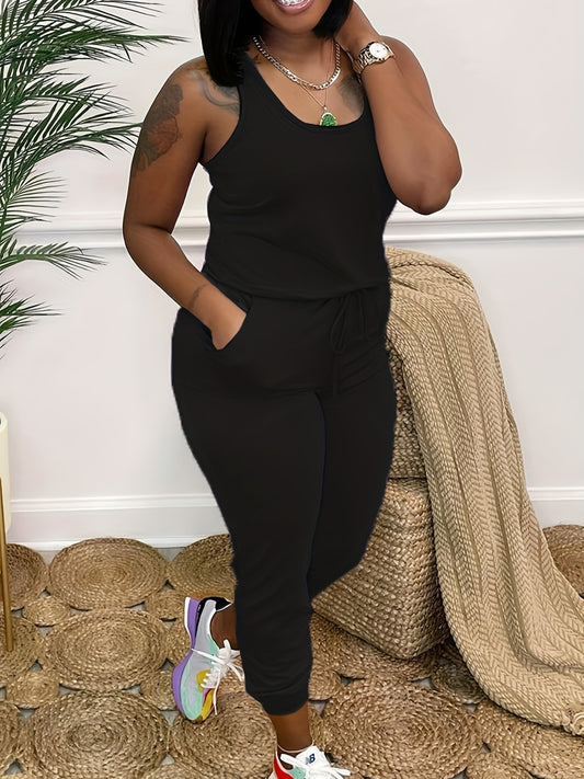  Casual Tank Jumpsuit Women's Plus Solid Round Neck Medium Stretch