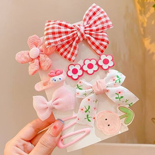 9pcs Hair Clip Cartoon Plaid Bow Flower Hair Accessories