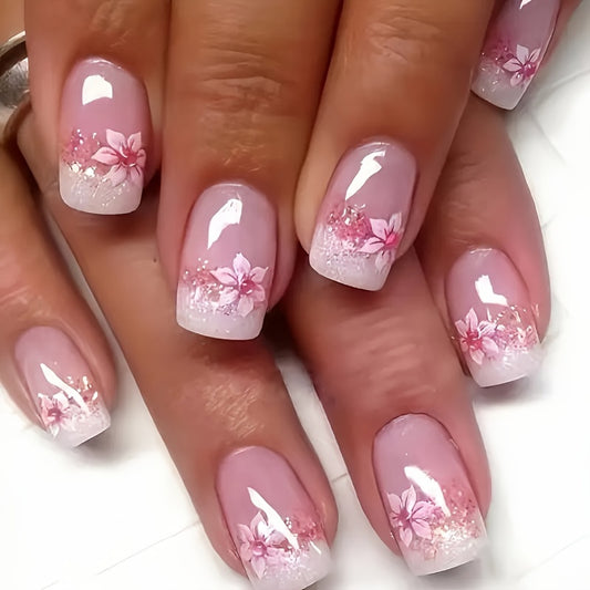 24pcs Pink Floral Gradient Press On Nails Kit Short Square Glossy Finish