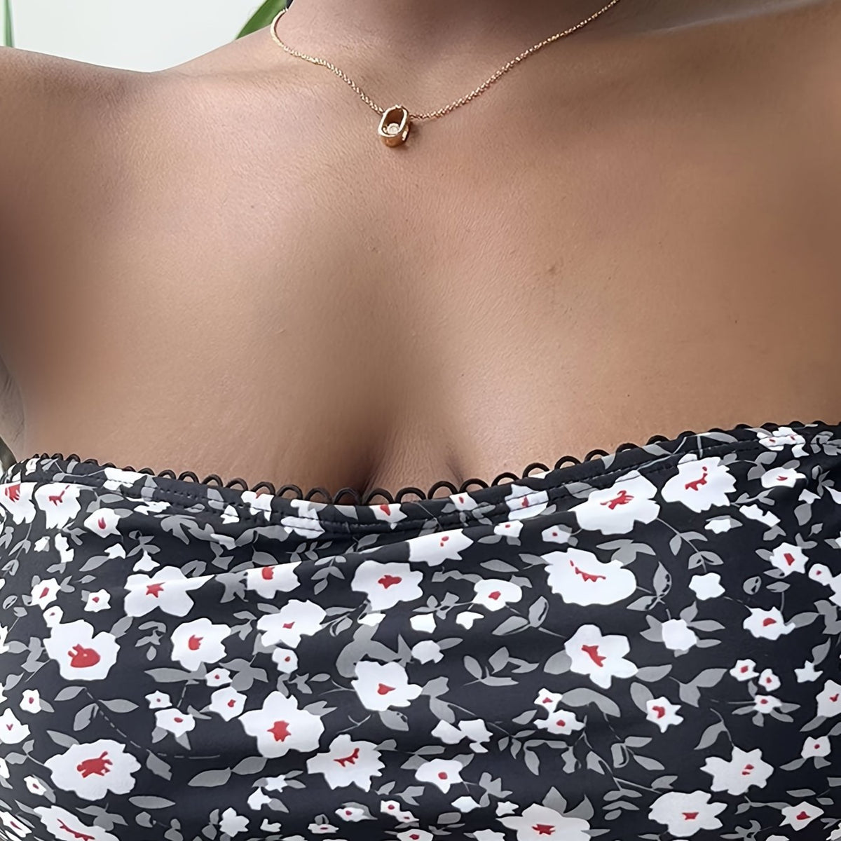  Boho Bikini Top Ditsy Floral Print Wave Trim Swimwear