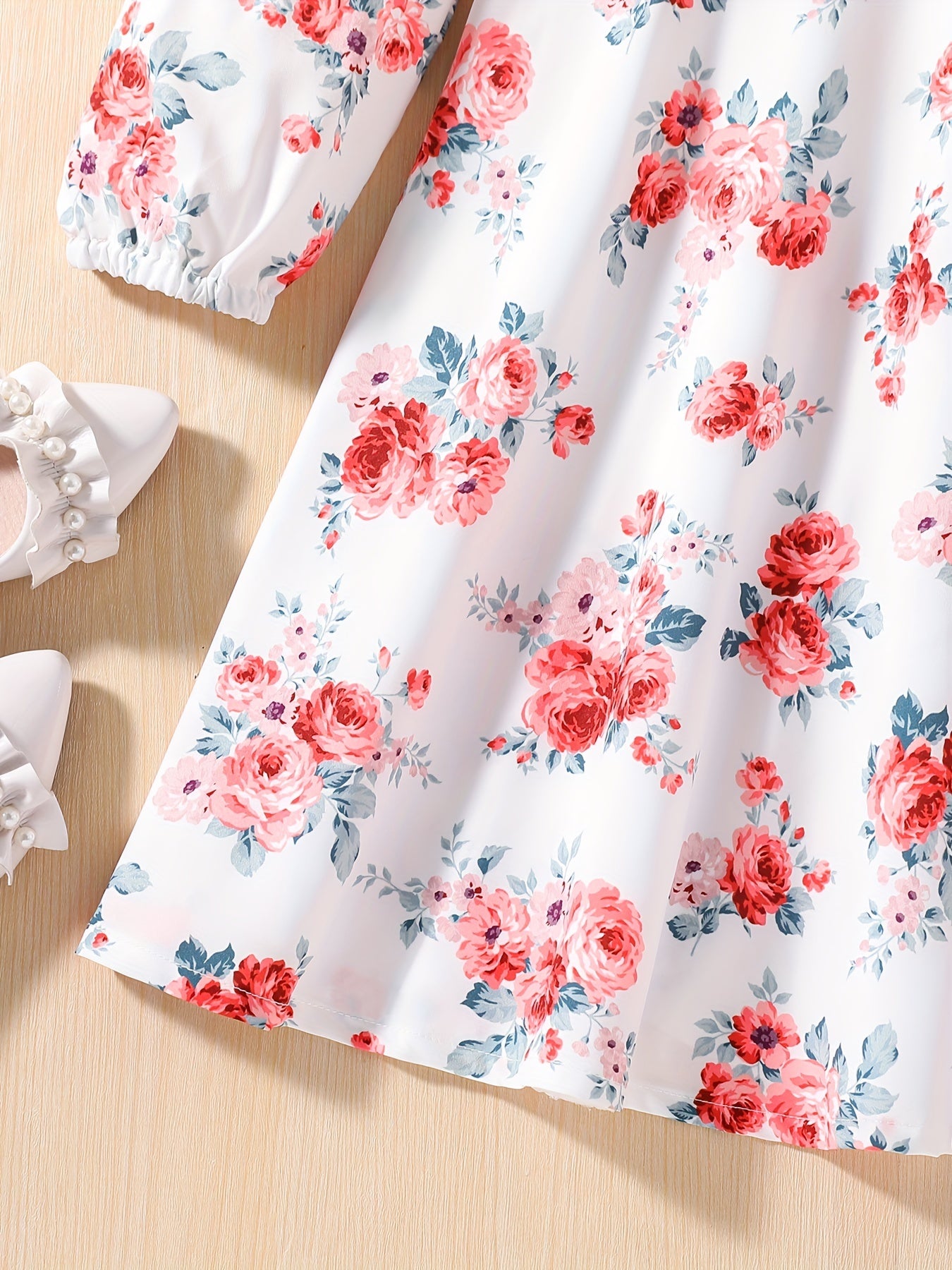 Girls' Floral Round Neck A-line Long Sleeve Dress