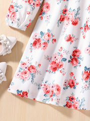 Girls' Floral Round Neck A-line Long Sleeve Dress