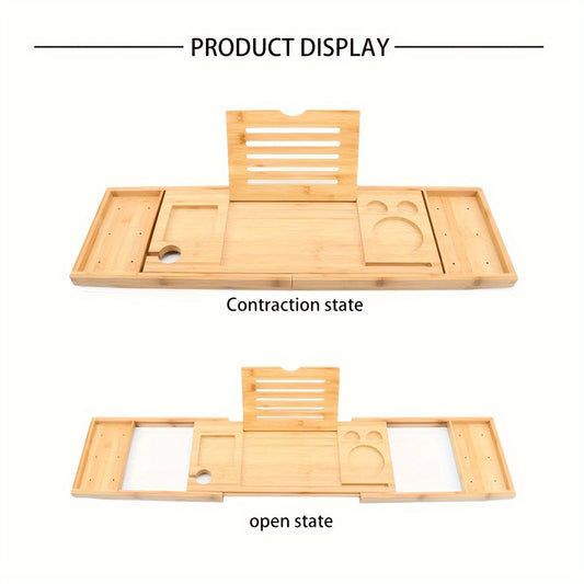 Adjustable Bamboo Bathtub Caddy Tray with Wine Glass Holder and iPad Stand
