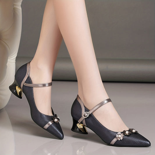 Floral Chunky Heel Pointed Toe Pumps with Buckle Strap
