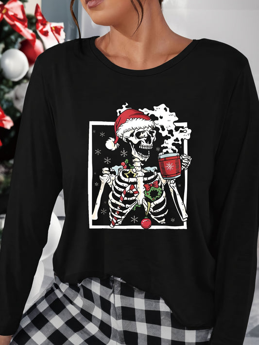 Skull & Christmas Hat Lounge Top Long Sleeve Crew Neck Women's Loungewear