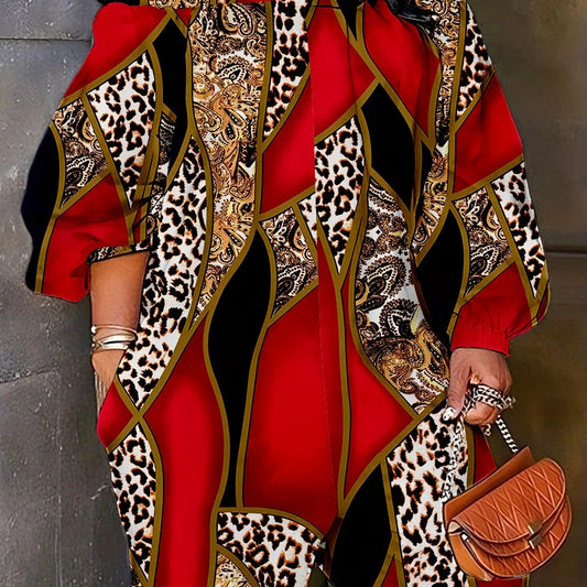  Colorblock Leopard Paisley Romper Off Shoulder Lantern Sleeve