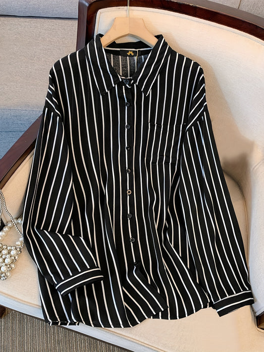  Stripe Print Button Up Long Sleeve Blouse