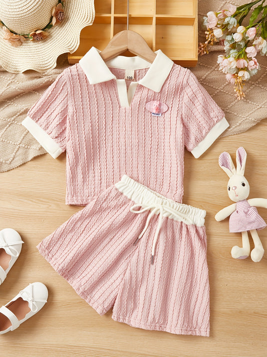 2pcs Girls Casual POLO Short Sleeve Tees Top & Shorts Summer Kids Clothes