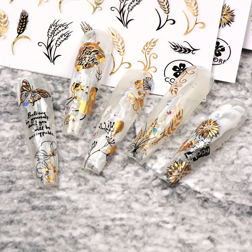 Golden Maple Leaves Butterfly Nail Stickers 3D Adhesive Art Supplies