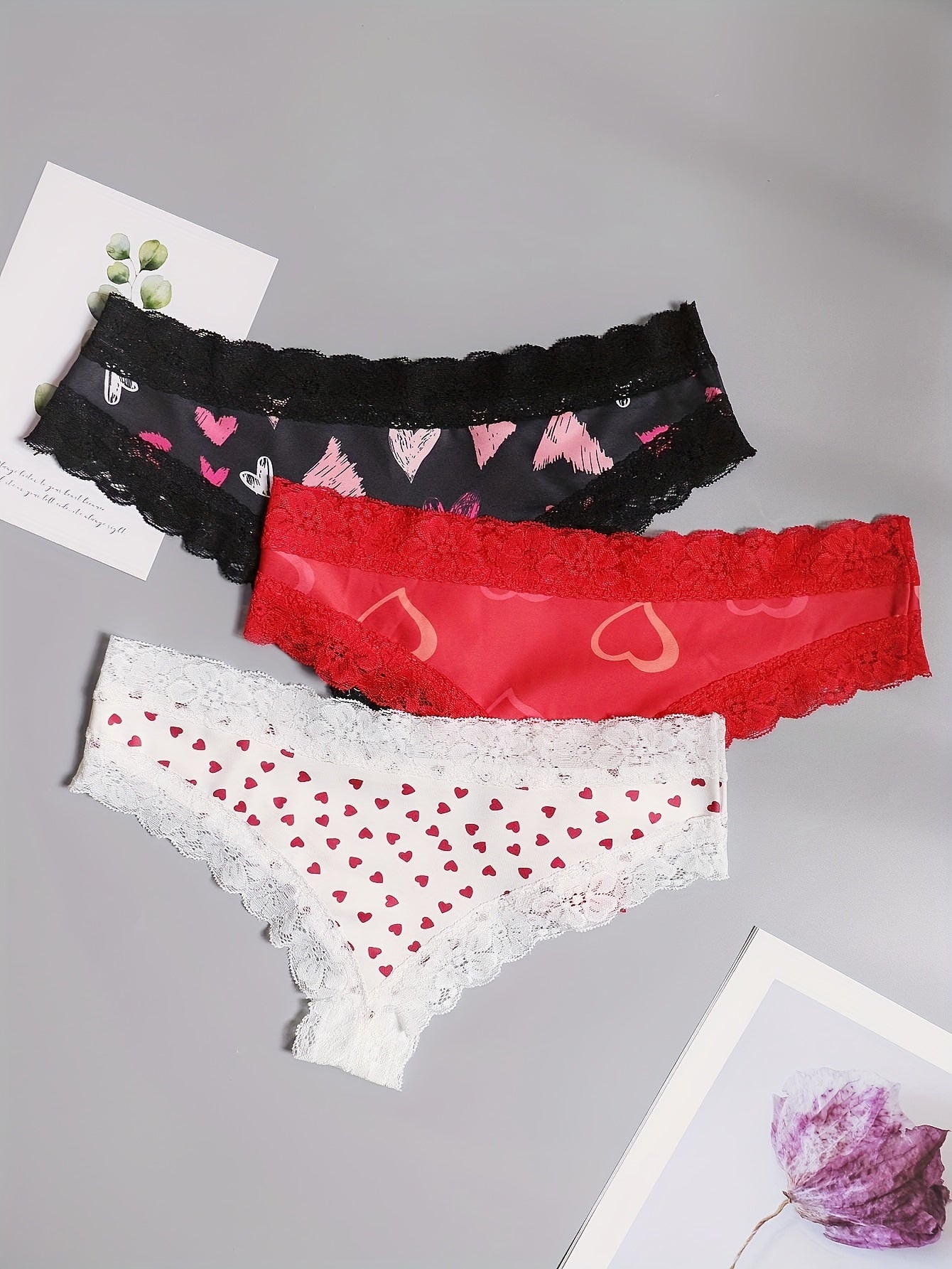 3 Pack Plus Size Heart Print Lace Cheeky Panty Set