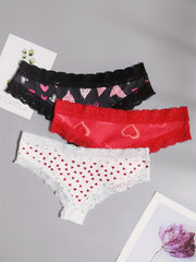 3 Pack Plus Size Heart Print Lace Cheeky Panty Set