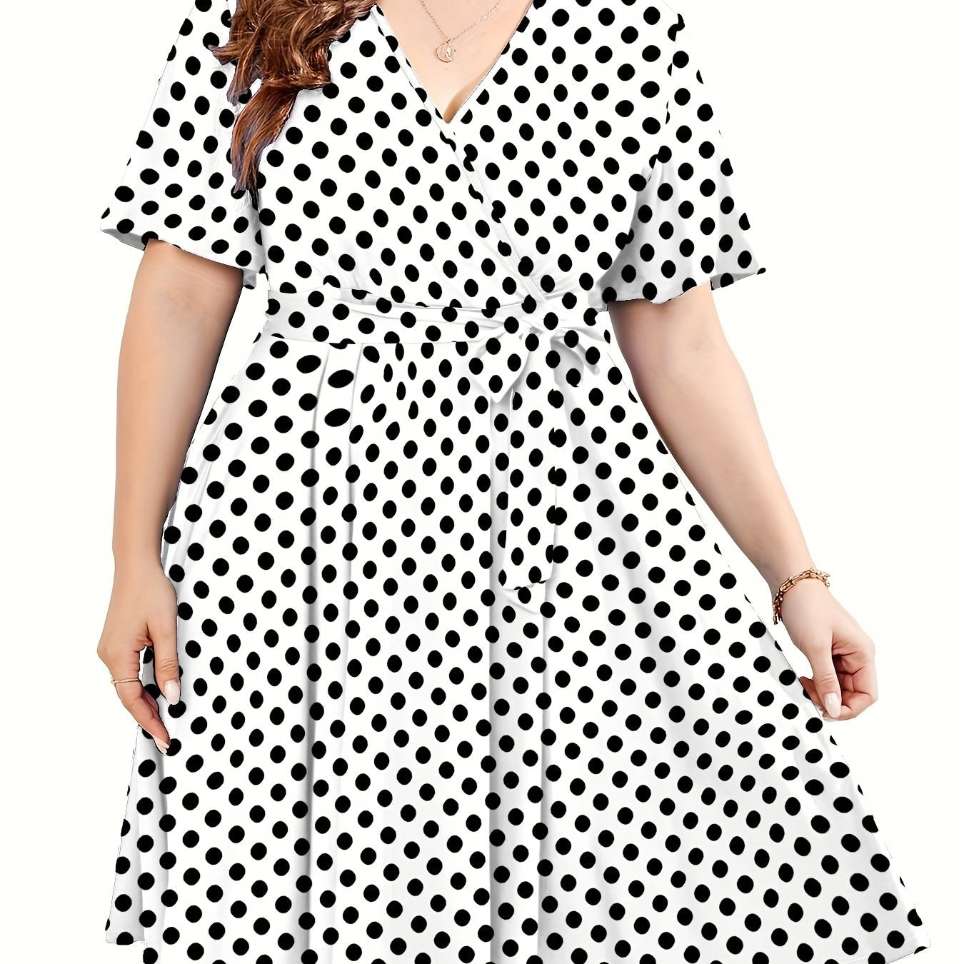  Polka Dot Print Short Sleeve V Neck Dress With Belt