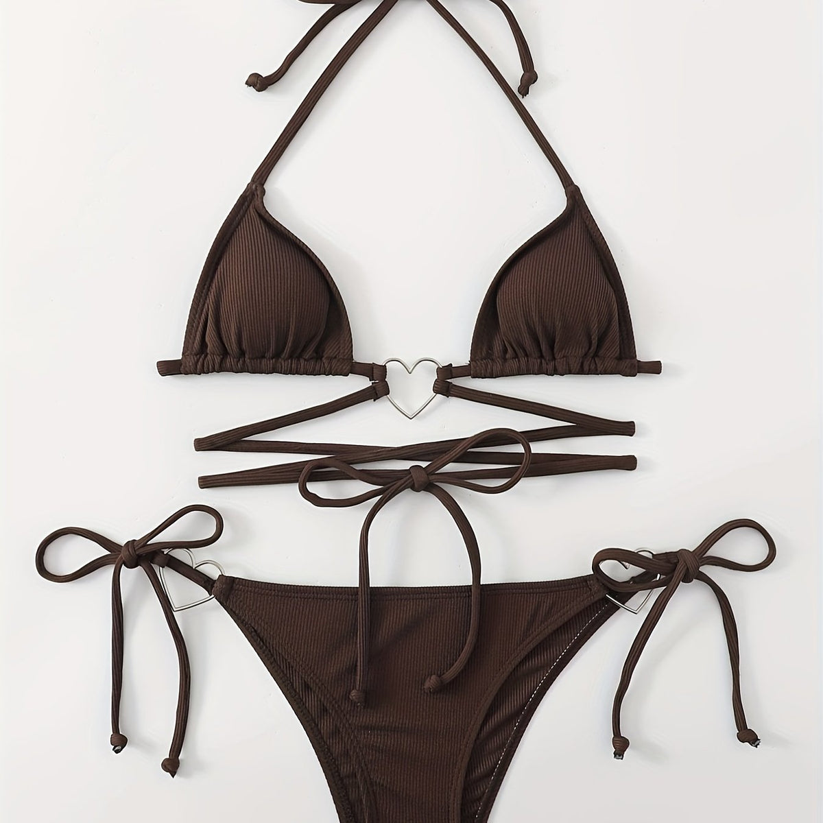 Heart Linked Halter Neck Rib Knit Bikini Set