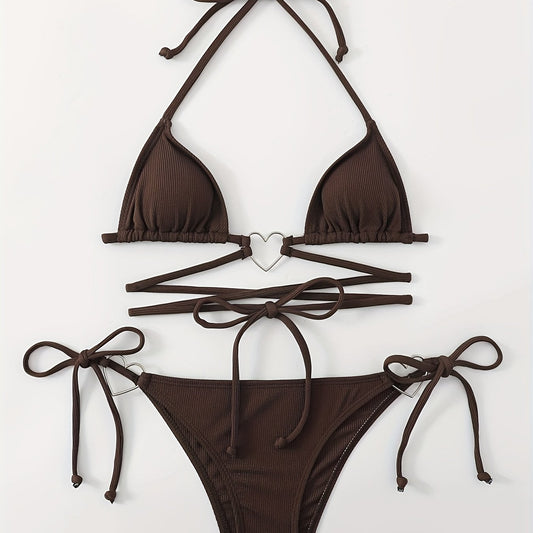 Heart Linked Halter Neck Rib Knit Bikini Set