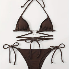 Heart Linked Halter Neck Rib Knit Bikini Set