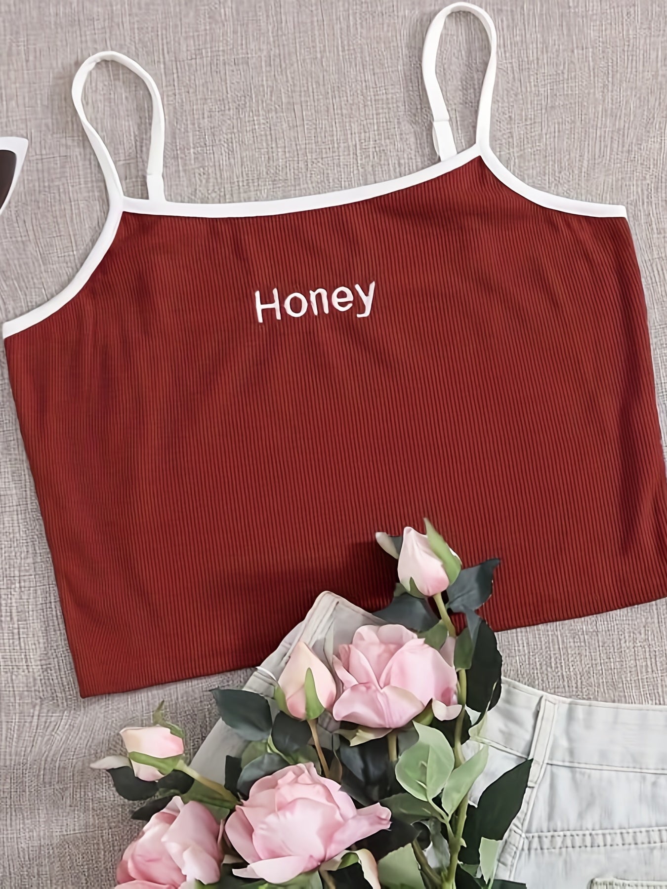Women's Plus Ribbed Cami Top with Letter Embroidery
