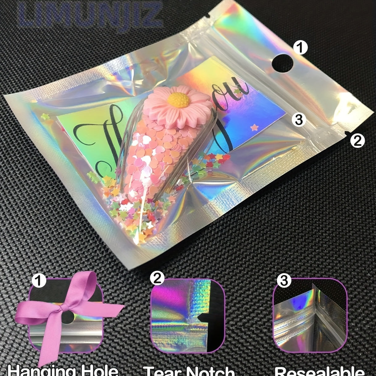 50/100pcs Holographic Storage Bags 2-4-3-9 in 3-4-7 in 4-1-5-9in