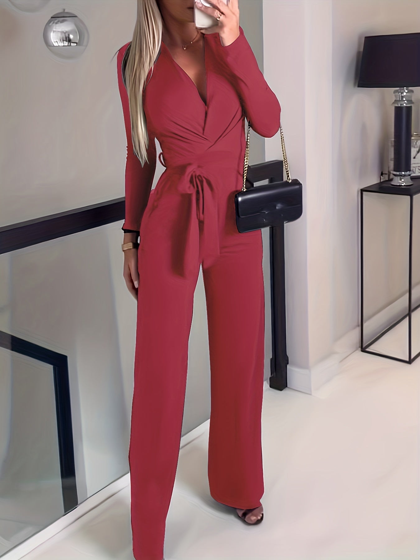 Wide Leg Belted Jumpsuit Long Sleeve V Neck Jumpsuit