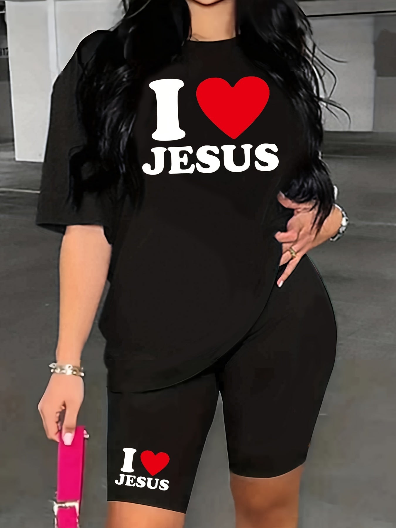 Jesus Print Two-Piece Set Short Sleeve Crew Neck T-shirt & Biker Shorts