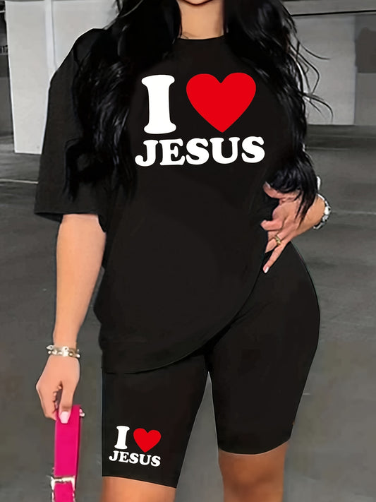 Jesus Print Two-Piece Set Short Sleeve Crew Neck T-shirt & Biker Shorts