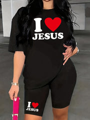 Jesus Print Two-Piece Set Short Sleeve Crew Neck T-shirt & Biker Shorts
