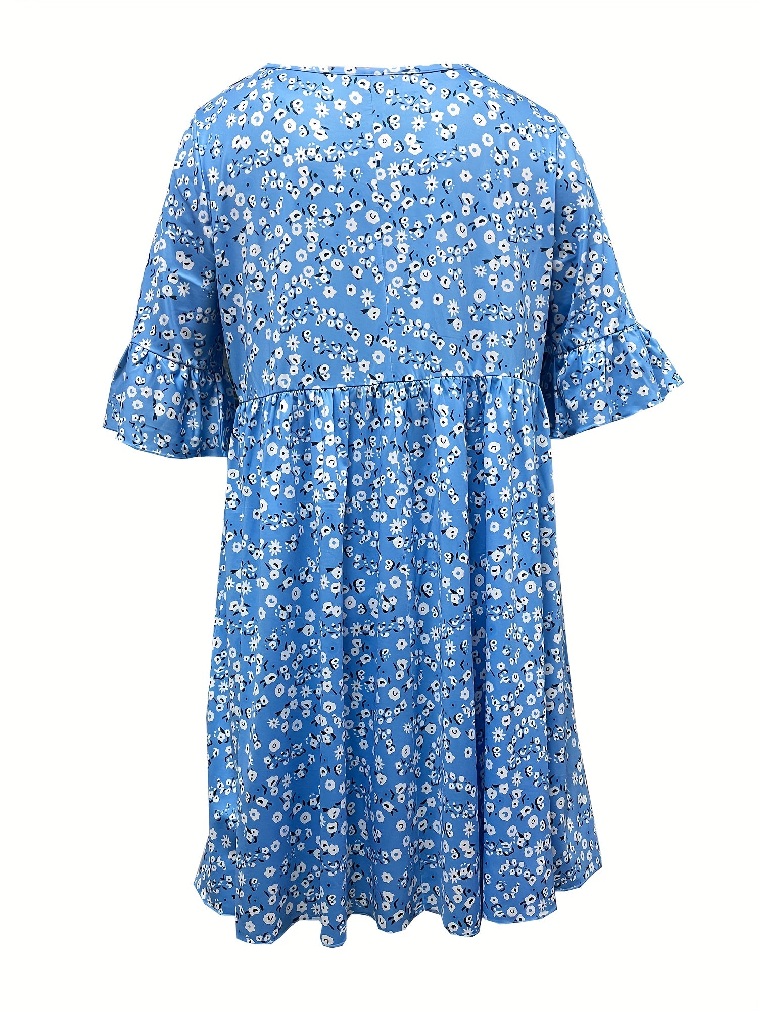  Ditsy Floral Print Bell Sleeve V Neck Casual Dress