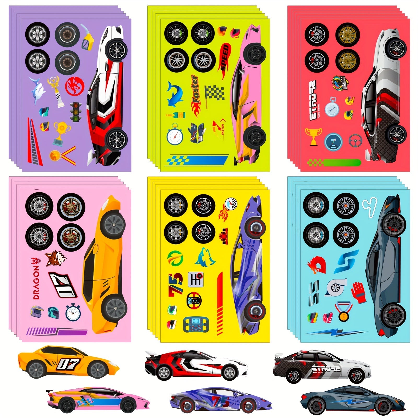 6 Sheets Cartoon Sports Car Make A Face Stickers