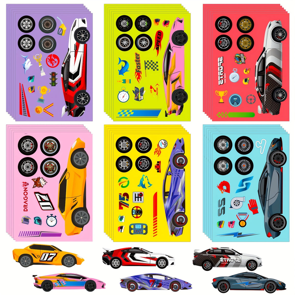 6 Sheets Cartoon Sports Car Make A Face Stickers