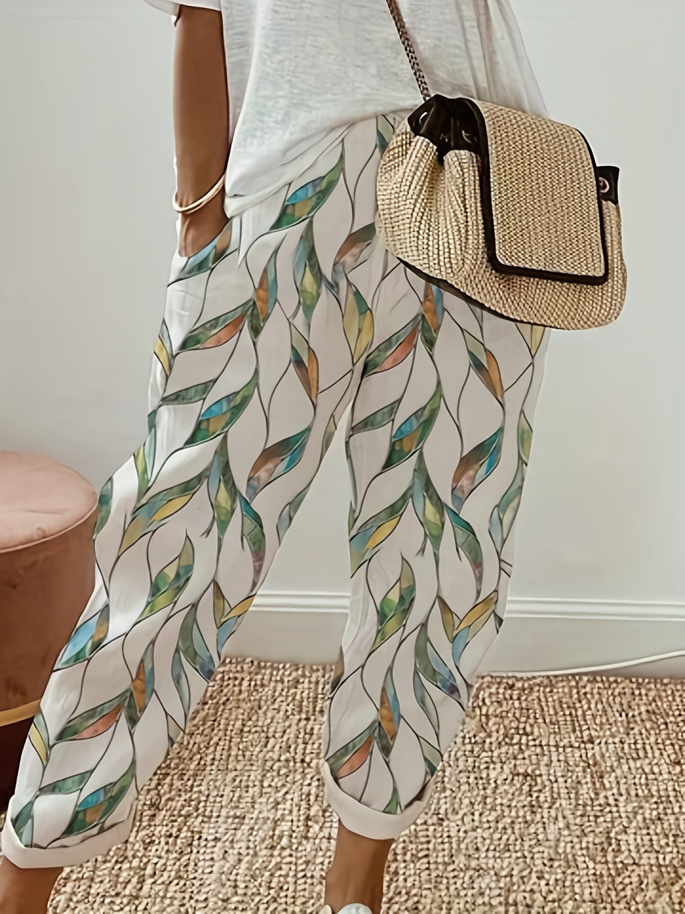 Women's Plus Leaf Print Elastic Waist Harem Trousers