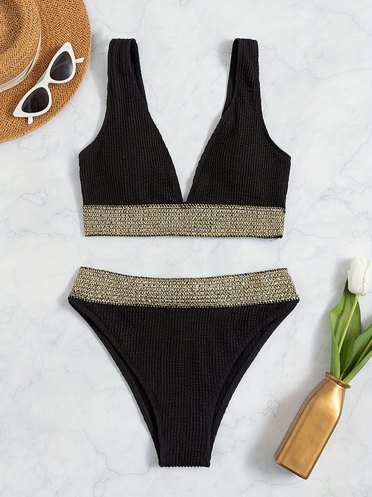 V Neck Striped Band Bikini Set High Cut Swimsuit