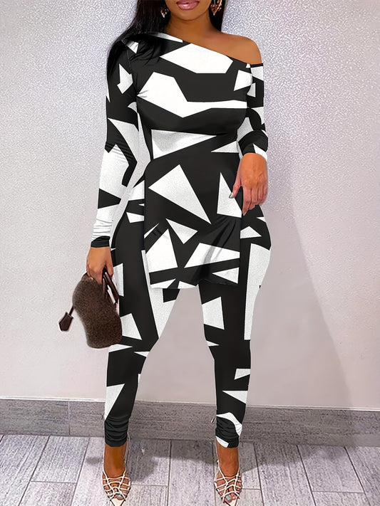 Graphic Print 2 Piece Set One Shoulder Side Split T shirt & Slim Pants