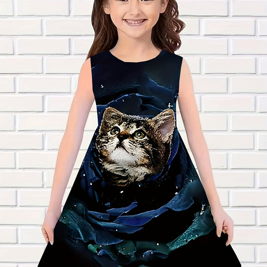 Rose Flower Kitty Print Dress Girls Casual Sleeveless Dresses For Summer Party