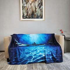 1pc Flannel Blanket Deep Sea Shark Print for Camping & Home Use