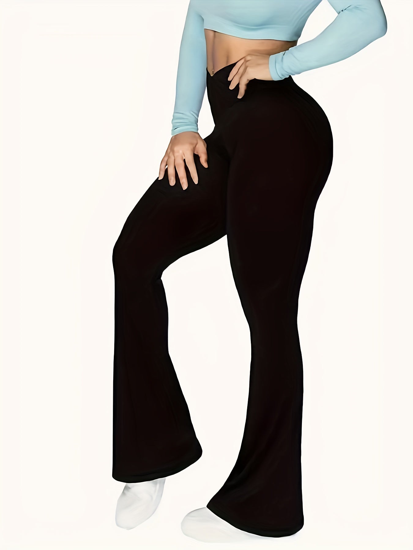  Solid Cross High Rise Flared Leg Trousers