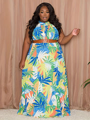  Tropical Print Halter Maxi Dress