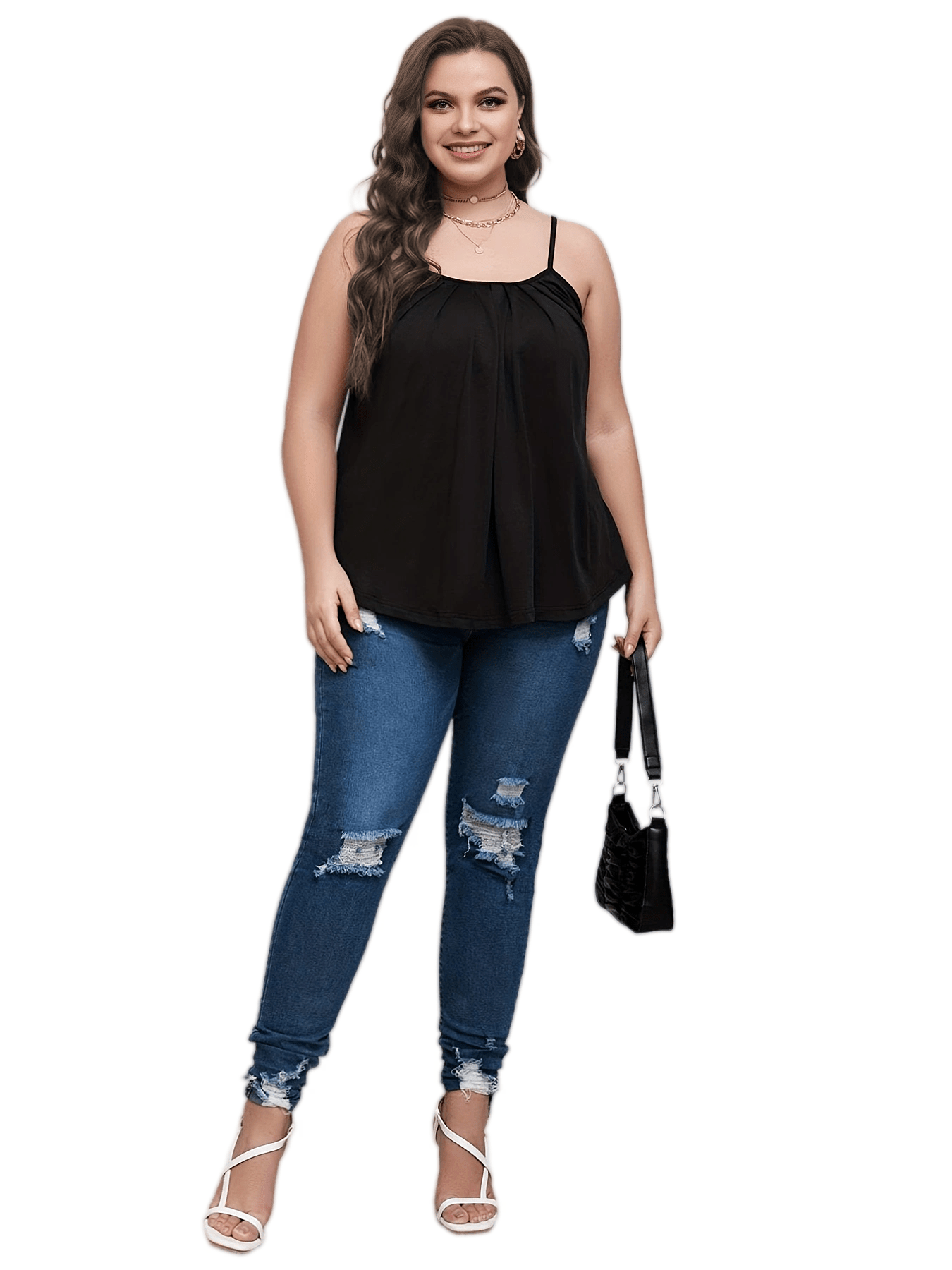  Casual Cami Top Women's Plus Plain Ruched Round Neck Medium Stretch