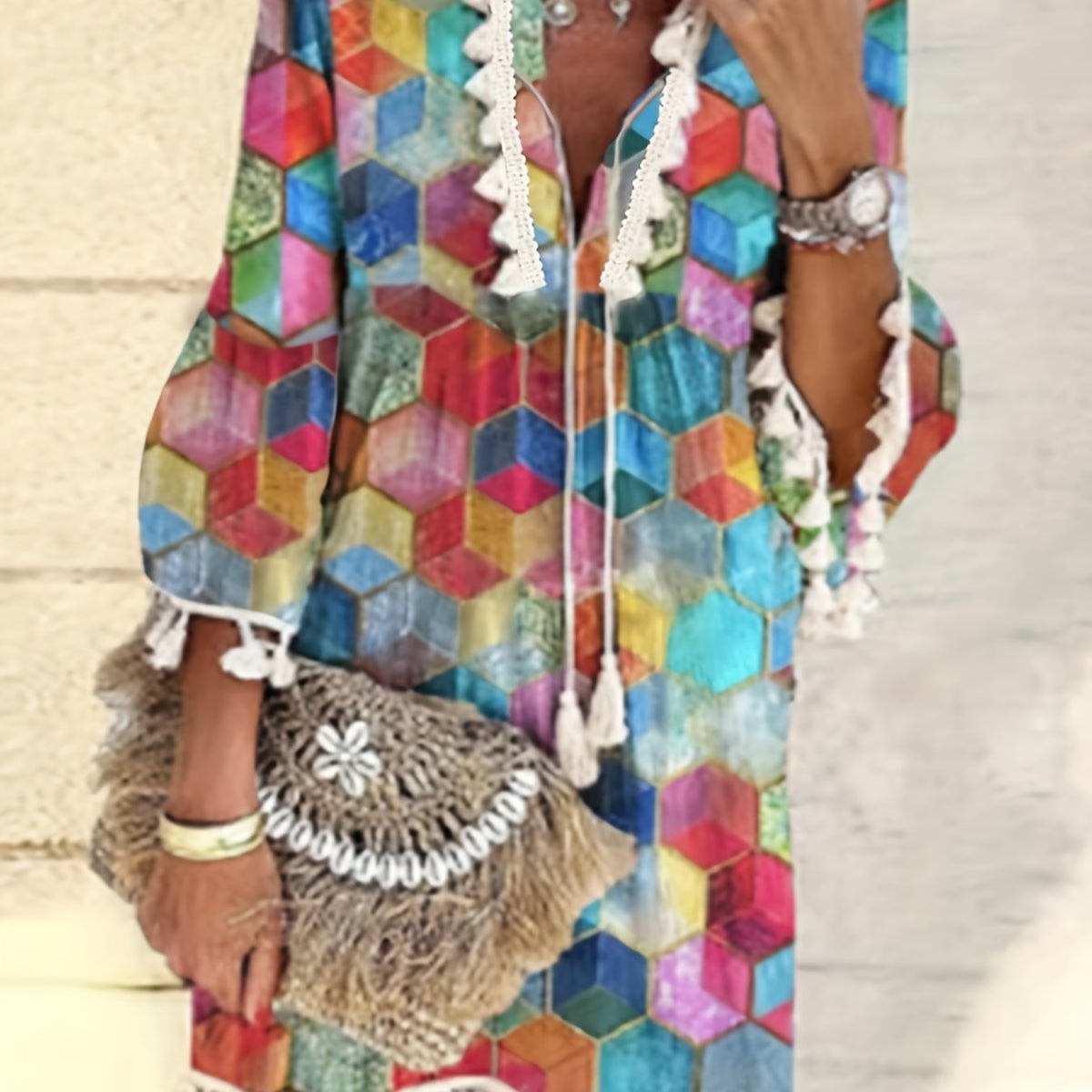  Geo Print Long Sleeve Tassel Dress
