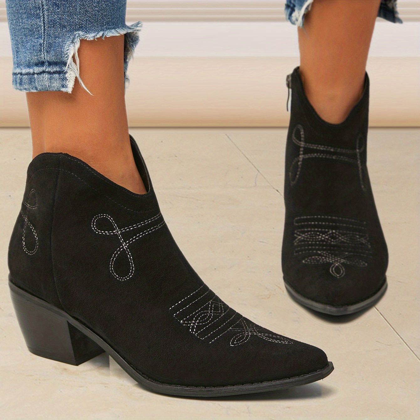 Women's Embroidered Heeled Ankle Boots Pointed Toe