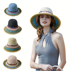 Rainbow Boho Sun Hat Crochet Gradient Bucket Hat Breathable Summer Sunscreen