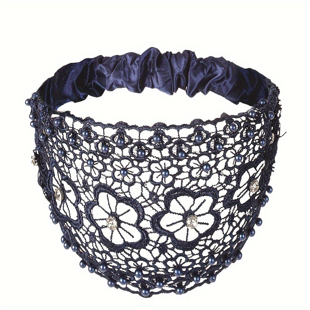 Hollow Lace Flower Pattern Headband Faux Pearl Charms Stretch Headband