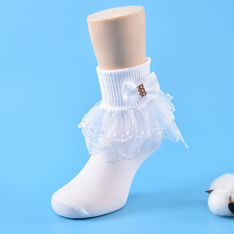 3 Pairs Girls Lace Brim Ruffled Bow Knit Crew Socks